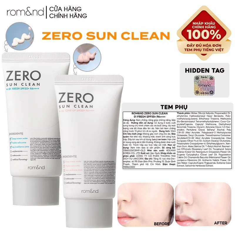 Kem Chống Nắng Kiêm Kem Lót Bảo Vệ Da Hiệu Quả Romand Zero Sun Clean SPF50+/PA++++ 50g